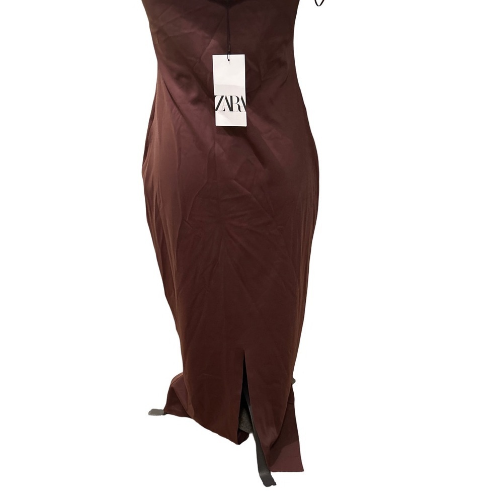 Zara Womens Satin Strapless Slip Dress SZ XL Brown Midi Maxi Gown Slit Tube Top - Picture 7 of 8